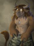  anthro belt biceps bigger_version_at_the_source bovine brown_fur brown_hair clothing dog_tags fur gothwolf green_eyes grin hair horn male mammal muscles nipples pants paws pecs plain_background pose purple_hair smile solo standing tan_fur tauren topless video_games warcraft world_of_warcraft 