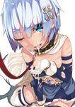  bare_shoulders blue_eyes blue_hair breasts cape collar cum cum_in_mouth cum_on_body cum_on_upper_body cupping_hand elbow_gloves facial gloves hair_ornament hairclip leash mahou_shoujo_madoka_magica mahou_shoujo_madoka_magica_movie md5_mismatch miki_sayaka nipples one_eye_closed open_mouth short_hair skirt small_breasts solo tears thighhighs tkaan torn_clothes white_background white_legwear 