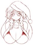  bell bikini bikini_top blush breasts choker christmas cow_bell cow_horns gomamiso_(gomamiso_sp) hat horns huge_breasts long_hair looking_at_viewer monochrome original red_bikini santa_hat simple_background solo swimsuit ushita_kaoruko white_background 