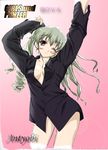  ;) absurdres anchovy announcement_celebration blush brown_eyes character_name copyright_name dress_shirt drill_hair english engrish girls_und_panzer green_hair hair_ribbon highres looking_at_viewer naked_shirt nanmi_(nicoseiga) no_bra no_pants one_eye_closed open_clothes open_shirt ranguage ribbon shirt smile solo standing twin_drills twintails 