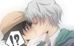  2boys akise_aru amano_yukiteru artist_request black_eyes black_hair blush closed_eyes grey_hair hat kiss male_focus mirai_nikki multiple_boys silver_hair surprised yaoi 