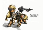  ambiguous_gender applejack_(mlp) armor blonde_hair cutie_mark english_text equine female feral freckles friendship_is_magic george5408 green_eyes gun hair horse mammal my_little_pony plain_background pony ranged_weapon solo text weapon white_background 