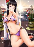  arm_support bad_id bad_pixiv_id beach bikini black_hair breasts breath detached_sleeves floral_print geta hand_to_own_mouth hisho_collection large_breasts long_hair nanahime ocean purple_bikini purple_eyes sand solo sunrise swimsuit 