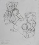  absurdres alia_(rockman) armor bad_id bad_pixiv_id beret breasts hat headset highres iris_(rockman_x) medium_breasts monochrome mukaling multiple_girls robot_ears rockman rockman_x rockman_x4 sketch 