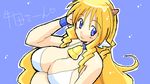  bell blonde_hair blue_background blush breasts choker cleavage cow_bell cow_horns gomamiso_(gomamiso_sp) heart horns large_breasts long_hair original simple_background solo ushita_kaoruko very_long_hair 
