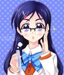  adjusting_eyewear black-framed_eyewear blazer blue_background blue_bow blue_eyes blue_hair blush bow character_name futari_wa_precure glasses hair_ornament hairpin heart heart_background jacket jewel_(artist) labcoat long_hair magical_girl open_mouth precure ribbon school_uniform solo test_tube verone_gakuin_school_uniform yukishiro_honoka 