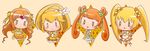  4girls :&gt; blonde_hair blush bow chibi color_connection cup cure_muse_(yellow) cure_peace cure_rosetta cure_sunshine dokidoki!_precure hair_flaps heartcatch_precure! highres jumping kise_yayoi midriff multiple_girls myoudouin_itsuki orange_hair ponytail precure shirabe_ako skirt smile_precure! suite_precure sutourururu teacup tiara twintails yellow_bow yellow_skirt yotsuba_alice 