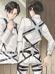  adjusting_clothes ascot black_eyes black_hair indesign levi_(shingeki_no_kyojin) male_focus mirror reflection shingeki_no_kyojin solo three-dimensional_maneuver_gear 