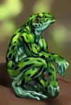  amphibian anthro biceps body_markings crouching frog green_skin gweek kneeling looking_at_viewer male markings muscles nude orange_eyes pecs pose solo spots toned 