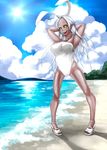  arms_behind_head beach cardfight!!_vanguard cloud magical_partner one-piece_swimsuit pale_moon strapless_swimsuit swimsuit white_hair yellow_eyes 
