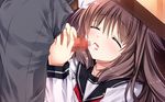  1boy 1girl brown_hair censored cum cum_in_mouth ejaculation eye_closed eyes_closed fellatio game_cg hana_sakuragawa koi_no_hanashi_to long_hair oral penis ryuuga_shou school_uniform tongue tongue_out very_long_hair 