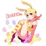  animal_ears bad_id bad_pixiv_id blonde_hair blue_eyes bow bunny_ears bunny_tail easter easter_egg egg elbow_gloves feet gloves heart heart_print jojo_no_kimyou_na_bouken kisaragi_yuu_(fallen_sky) kneehighs long_hair lucy_steel multicolored_shirt pink_eyes polka_dot print_shirt shirt shorts solo steel_ball_run tail toeless_legwear toenail_polish 