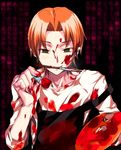  apron art_brush black_eyes blood blood_on_face chocolate_lover fate/zero fate_(series) male_focus mouth_hold orange_hair paintbrush palette scalpel smock solo translation_request uryuu_ryuunosuke 