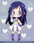  blue_eyes blue_hair blue_sailor_collar braid chibi copyright_name dokidoki!_precure glasses heart hishikawa_rikka hiyopuko implied_yuri long_hair oogai_daiichi_middle_school_uniform precure sailor_collar school_uniform solo standing translated 