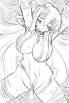  blush breasts closed_eyes copyright_request gomamiso_(gomamiso_sp) highres large_breasts long_hair monochrome nude solo very_long_hair 