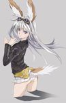  animal_ears ass blue_eyes goggles goggles_on_head grey_background hanna-justina_marseille long_hair looking_back no_pants panties simple_background solo strike_witches tail underwear white_hair world_witches_series yamaishi_(mukoubuti) 