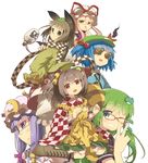  alternate_costume animal_ears bell bespectacled blue_hair boots brown_hair checkered checkered_scarf checkered_shirt clothes_writing crescent fang frog_hair_ornament futatsuiwa_mamizou gap glasses gourd green_eyes hair_bell hair_bobbles hair_ornament hat kawashiro_nitori key kochiya_sanae leaf leaf_on_head motoori_kosuzu multiple_girls one_eye_closed ooide_chousuke open_mouth patchouli_knowledge pince-nez purple_eyes purple_hair raccoon_ears raccoon_tail red-framed_eyewear red_eyes scarf school_uniform serafuku shirt short_hair simple_background smile snake_hair_ornament tail touhou two_side_up white_background yakumo_yukari yellow_eyes 