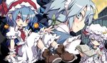  bat_wings blue_eyes blue_hair braid crescent hat izayoi_sakuya long_hair maid maid_headdress multiple_girls noya_makoto patchouli_knowledge purple_hair red_eyes remilia_scarlet ribbon short_hair silver_hair touhou wings 