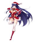  akiyama_rinko aoi_nagisa_(metalder) blue_hair blush boots breasts christmas curvy female full_body happy hat highleg highleg_leotard huge_breasts jumping leotard lilith-soft long_hair looking_at_viewer purple_eyes santa_hat shiny shiny_hair shiny_skin simple_background smile taimanin_(series) taimanin_asagi taimanin_rpgx taimanin_yukikaze thighs very_long_hair white_background wink 