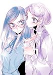  biting blue_eyes blue_hair blush dokidoki!_precure ear_biting glasses hishikawa_rikka kenzaki_makoto long_hair multiple_girls precure purple_eyes purple_hair short_hair simple_background tima white_background wrist_grab yuri 