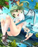  blue_eyes blue_hair bottomless bow cirno commentary_request covering covering_crotch daiyousei day dress dress_tug fairy_wings flying green_eyes green_hair hair_bow ice ice_wings leaf legs looking_at_viewer mary_janes mikoma_sanagi multiple_girls nature no_panties river scenery shoes side_ponytail sky socks sparkle tears touhou white_legwear wince wind wings 