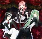  a_k_1 alternate_costume apron astolfo_(fate) blush bob_cut braid crossdressing enkidu_(fate/strange_fake) enmaided fang fate/apocrypha fate/strange_fake fate/zero fate_(series) green_eyes green_hair long_hair maid maid_headdress male_focus multiple_boys otoko_no_ko pink_hair purple_eyes single_braid thighhighs waver_velvet 