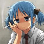  blue_eyes blue_hair cigarette commentary empty_eyes hair_cubes hair_ornament lowres naganohara_mio necktie nichijou nishimura_(prism_engine) short_hair short_twintails solo twintails 