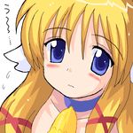  bell blonde_hair blush cow_bell gomamiso_(gomamiso_sp) long_hair looking_at_viewer lowres original simple_background solo ushita_kaoruko 