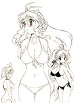  arms_behind_back bell bikini blush breasts choker cleavage cow_bell cow_horns gomamiso_(gomamiso_sp) horns large_breasts long_hair monochrome multiple_girls multiple_persona original side-tie_bikini spot_color swimsuit ushita_kaoruko very_long_hair 