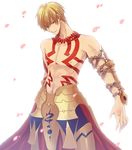  armor blonde_hair chain enkidu_(weapon) fate/extra fate/extra_ccc fate_(series) gilgamesh male_focus petals red_eyes shirtless sng solo tattoo 