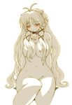  bell blush breasts closed_eyes cow_bell cow_horns gomamiso_(gomamiso_sp) horns large_breasts long_hair monochrome nude original simple_background solo spot_color ushita_kaoruko very_long_hair white_background 