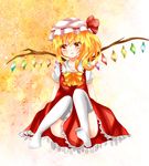  arms_behind_back bad_id bad_pixiv_id blonde_hair bow flandre_scarlet gradient gradient_background hat hat_ribbon head_tilt highres knees_up looking_at_viewer mob_cap no_shoes parted_lips red_eyes ribbon short_hair short_sleeves sitting skirt skirt_set solo thighhighs tokiha_tsubomi touhou wings 