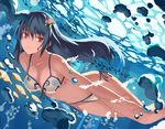  alternate_breast_size bikini blue_hair breasts cleavage collarbone diving fish food freediving fruit hair_ornament hinanawi_tenshi kureha_(ironika) large_breasts long_hair looking_at_viewer peach red_eyes side-tie_bikini smile solo swimming swimsuit touhou underwater very_long_hair white_bikini 