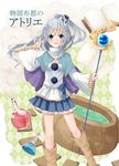  animal_ears atelier_(series) blue_eyes book boots cat_ears flask hat hat_ribbon knee_boots long_sleeves mononobe_no_futo paper parody ponytail pot ribbon shirt silver_hair sitting skirt solo staff touhou translated wide_sleeves yuya_(night_lily) 