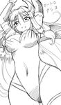  arms_up blush breasts character_name etoko_nashiyo gomamiso_(gomamiso_sp) greyscale highres horns large_breasts long_hair monochrome original simple_background smile solo white_background 