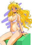  animal_ears bell bikini blonde_hair blush breasts choker cleavage cow_bell cow_girl gomamiso_(gomamiso_sp) large_breasts long_hair original purple_eyes simple_background sitting solo swimsuit ushita_kaoruko white_background white_bikini 
