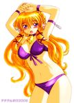  armpits arms_up bell bikini blonde_hair blush breasts character_name choker cow_bell cow_horns gomamiso_(gomamiso_sp) horns large_breasts long_hair open_mouth original purple_bikini purple_eyes simple_background solo swimsuit ushita_kaoruko very_long_hair white_background 