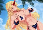  abs areola_slip areolae ario bare_shoulders bikini bikini_pull black_bikini blonde_hair breasts cuffs dutch_angle grin horn hoshiguma_yuugi large_breasts long_hair looking_at_viewer navel pulled_by_self red_eyes shackles smile solo swimsuit touhou very_long_hair wet 