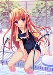  armband blonde_hair chain-link_fence drain_(object) fence goggles goggles_around_neck inflatable_armbands kickboard long_hair no_nose one-piece_swimsuit open_mouth original outdoors pool pool_ladder poolside purple_eyes school_swimsuit shiromochi_sakura solo swimsuit tree wet 