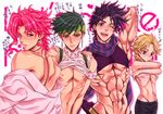  abs black_hair blonde_hair blue_eyes blush chocolate_lover crop_top dio_brando earrings green_eyes green_hair groin jewelry jojo_no_kimyou_na_bouken joseph_joestar_(young) kakyouin_noriaki kishibe_rohan male_focus md5_mismatch midriff multiple_boys muscle nipple_slip nipples off_shoulder one_eye_closed overalls parody pink_hair purple_hair scarf shirt_lift shirtless translated undressing younger 