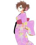  bad_id bad_pixiv_id blue_eyes brown_hair floral_print flower folded_ponytail genderswap genderswap_(mtf) hair_flower hair_ornament hair_up japanese_clothes jojo_no_kimyou_na_bouken joseph_joestar_(young) kimono obi sash sleeves_past_wrists solo terimayo_(sonnne_farbe) 