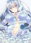  artist_request aurora_star_coral bermuda_triangle blush breasts cardfight!!_vanguard cleavage dress flower jewelry large_breasts long_hair looking_at_viewer necklace silver_eyes silver_hair white_dress 