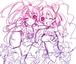  ;d arm_around_shoulder cure_melody cure_peach fresh_precure! hair_ornament heart heart_hair_ornament houjou_hibiki long_hair midriff momozono_love monochrome multiple_girls nakagawa_waka navel one_eye_closed open_mouth precure simple_background sketch smile suite_precure twintails v 