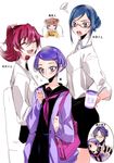  aida_mana alternate_hairstyle blue_eyes blue_hair cellphone closed_eyes cup davi_(dokidoki!_precure) db_(dokidoki!_precure) dokidoki!_precure double_bun dress_shirt family flipped_hair glasses hair_bun hair_up hishikawa_rikka kenzaki_makoto multiple_girls not_present older orange_hair phone pink_hair precure purple_eyes purple_hair school_uniform serafuku shirt tima yotsuba_alice yuri 