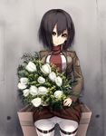  black_hair blush bouquet brown_eyes emblem flower jacket mikasa_ackerman paradis_military_uniform shingeki_no_kyojin short_hair smile solo sora_to_umi 