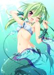  ;d alternate_hairstyle green_hair jewelry low_twintails mermaid monster_girl muromi-san namiuchigiwa_no_muromi-san navel necklace one_eye_closed open_mouth peko red_eyes scales smile solo twintails 