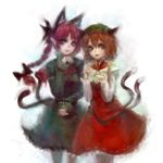  animal_ears braid brown_hair cat_ears chen dress extra_ears faux_traditional_media hiepita_(1014) highres kaenbyou_rin long_hair long_sleeves multiple_girls multiple_tails paw_pose pointy_ears red_hair short_hair skirt skirt_set tail touhou twin_braids 