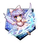  :o angel_wings blue_background blue_eyes bow chibi clenched_hand cross-laced_footwear dress hair_bow ice_crystal lavender_hair looking_away mai_(touhou) open_mouth rope short_hair solo sore_(whirlwind) touhou touhou_(pc-98) wings 
