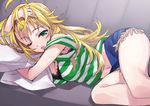  ;o ahoge armpit_peek bad_id bad_pixiv_id black_bra blonde_hair blush bra breasts cleavage couch green_eyes hoshii_miki idolmaster idolmaster_(classic) large_breasts long_hair matsuryuu navel one_eye_closed open_mouth pillow pillow_hug saliva solo tears underwear yawning 