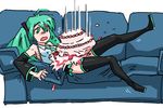  ahoge aqua_eyes aqua_hair birthday_cake black_legwear boots breasts cake couch detached_sleeves food hair_ornament hatsune_miku kiriririn long_hair messy necktie open_mouth pleated_skirt skirt small_breasts solo surprised thigh_boots thighhighs twintails vocaloid 